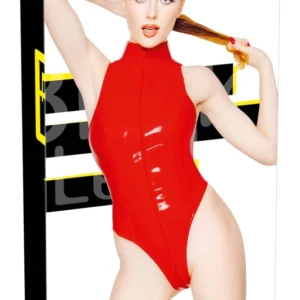 Black Level Vinyl Body Red XL - Shiny High-Cut Bodysuit with 2-Way Zip