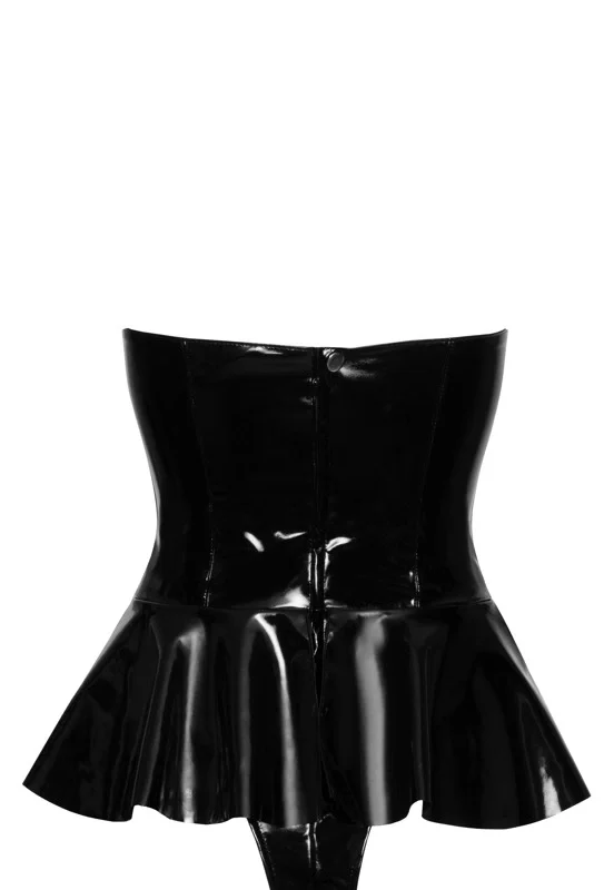 Black Level Vinyl Bodysuit with Flared Skirt, Adjustable Straps, Size M