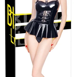 Black Level Vinyl Bodysuit with Flared Skirt, Adjustable Straps, Size M