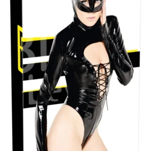 Black Level Vinyl Bodysuit with Mask, M, High-Cut, Long Sleeves