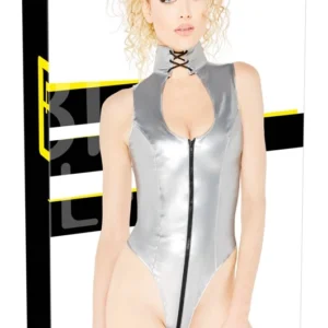 Black Level Silver Vinyl Bodysuit S - High Collar, 2-Way Zip, Sleeveless