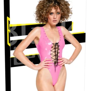 Black Level Vinyl Bodysuit Pink M - Adjustable Lace-Up Design