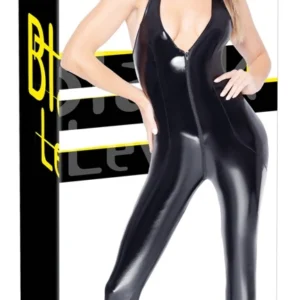 Black Level Vinyl Jumpsuit Zip M - Shiny Sleeveless Bodysuit, Black