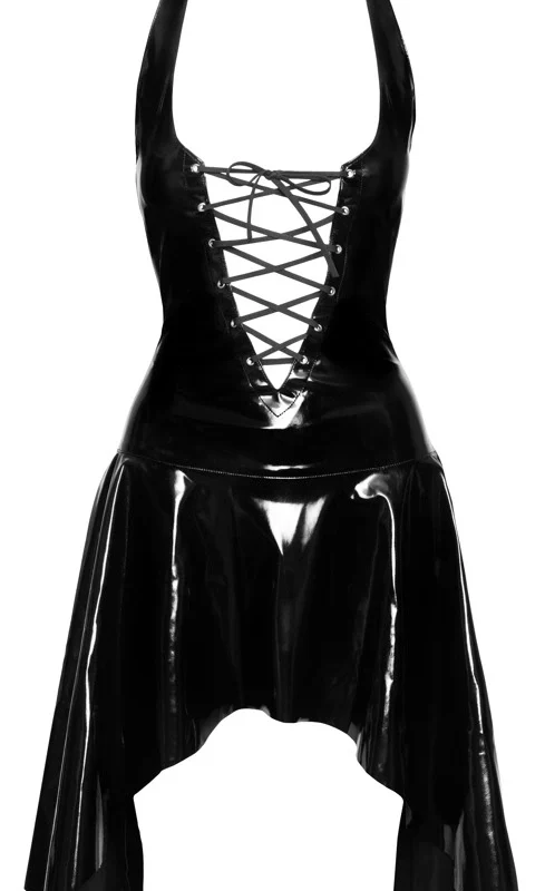 Black Level Halterneck Vinyl Dress L - Shiny Black, Flared Skirt