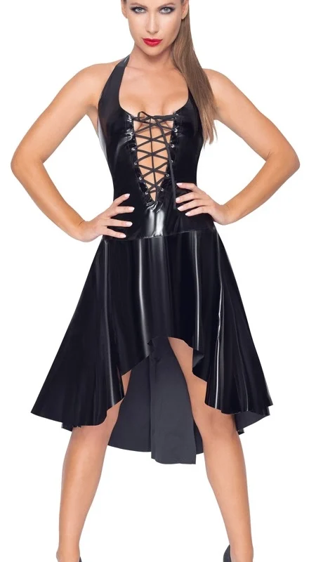 Black Level Halterneck Vinyl Dress L - Shiny Black, Flared Skirt