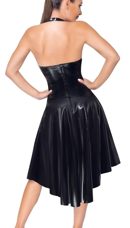 Black Level Halterneck Vinyl Dress L - Shiny Black, Flared Skirt