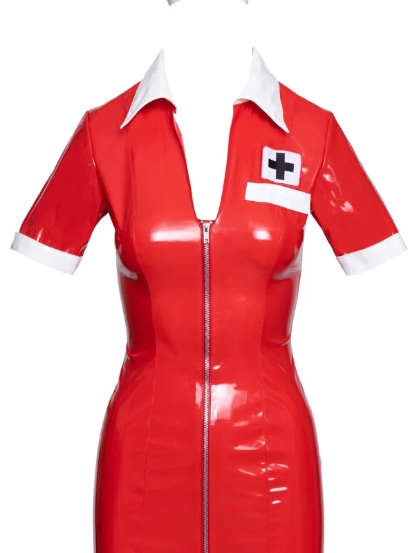 Black Level Vinyl Medical-Themed Dress Red S with Bonnet Set