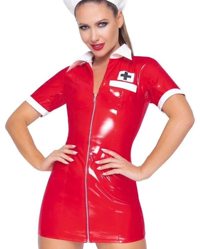 Black Level Vinyl Medical-Inspired Red Dress Set with Bonnet, Size M