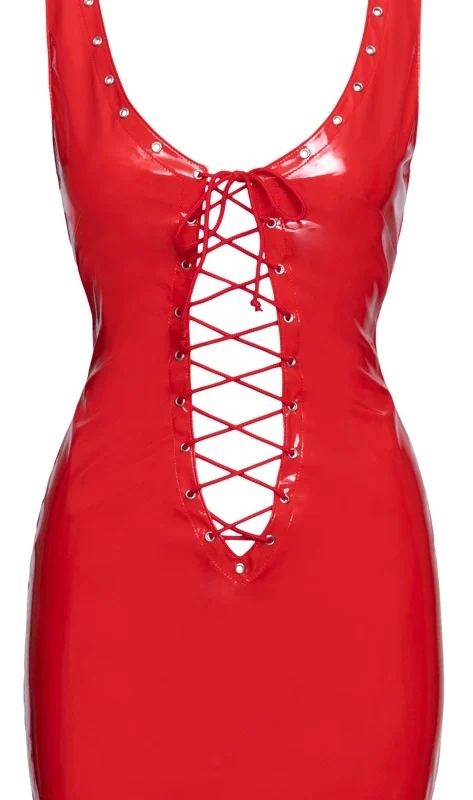 Black Level Vinyl Dress Red L - Shiny Sleeveless Fitted Design