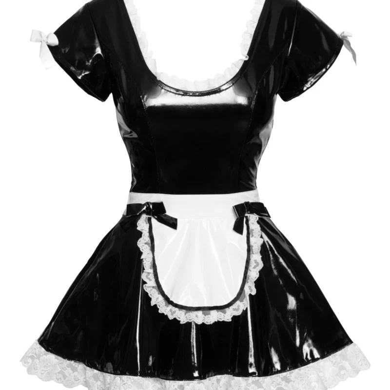 Black Level Vinyl Maid Dress XL with White Lace Accents and Apron