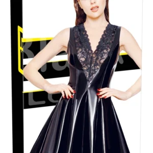 Black Level Vinyl Dress XL with Lace V-Insert, Shiny Black Finish