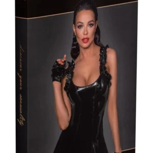 Noir Handmade Vinyl Dress with Ruffle Straps, Black, Size L