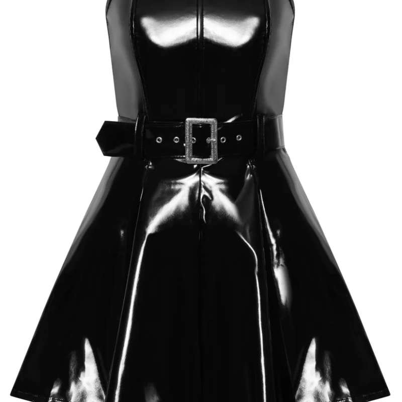 Black Level Flared Vinyl Dress L Shiny Strapless Belted Design