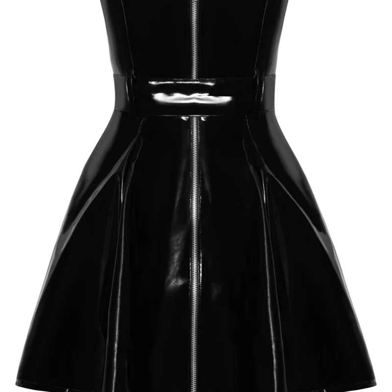 Black Level Flared Vinyl Dress L Shiny Strapless Belted Design