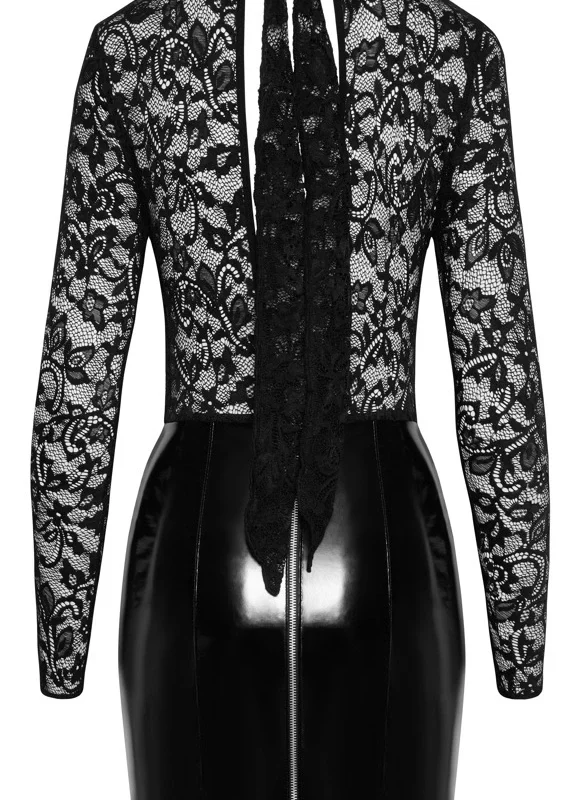 Black Level Vinyl & Lace Mini Dress S - Long Sleeve, Elegant Black