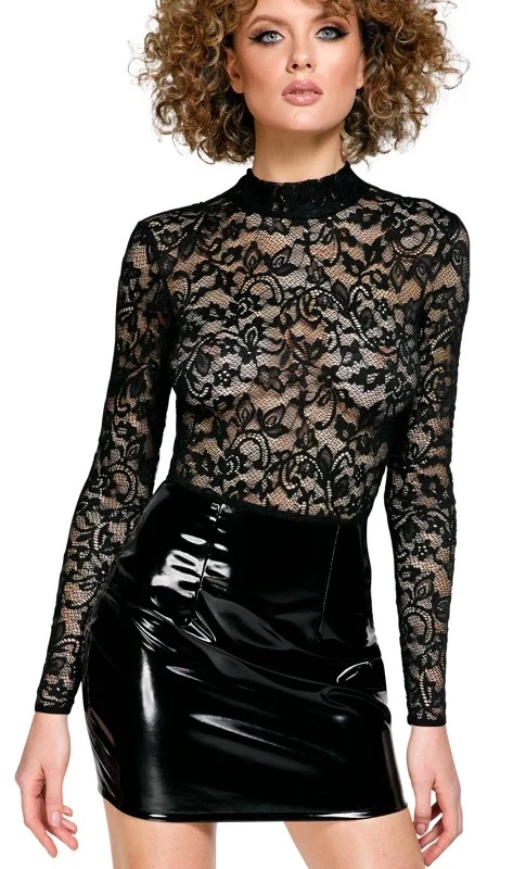 Black Level Vinyl & Lace Mini Dress S - Long Sleeve, Elegant Black