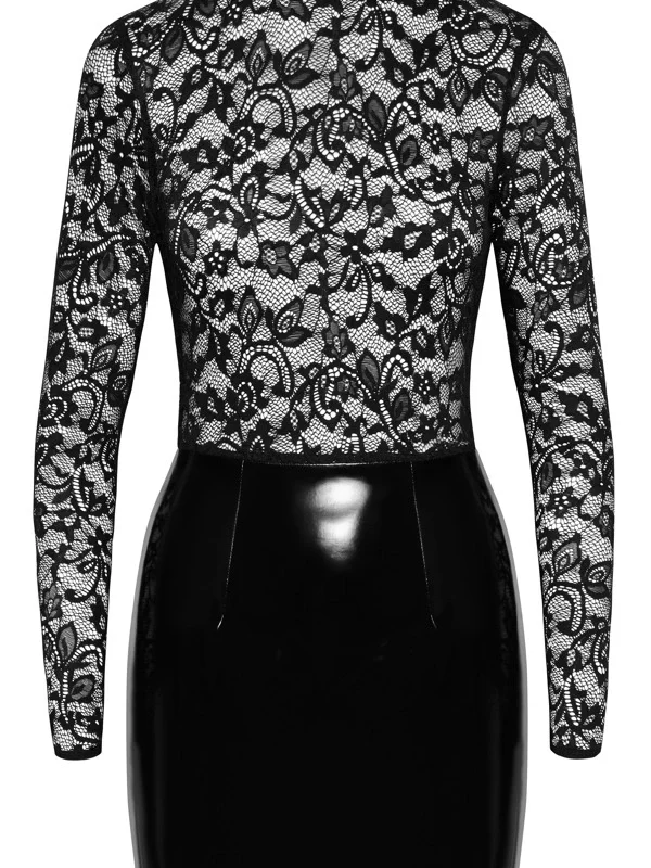 Black Level Vinyl & Lace Mini Dress S - Long Sleeve, Elegant Black