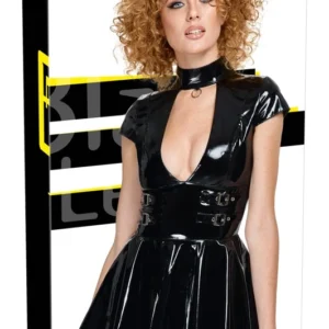 Black Level Vinyl Mini Dress XL with Decorative Front Ring, Shiny Finish