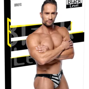 Black Level Vinyl Briefs for Men L Black & Silver Zip Detail