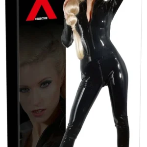 LateX Premium Latex Catsuit Black XL with Dual Zippers, Stand-Up Collar