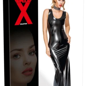 LateX Long Black Maxi Latex Dress with Narrow Straps, Size L