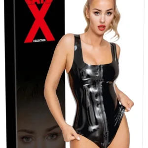 LateX Bodysuit Zip M Black - Square Neckline, 2-Way Zipper, 0.35mm