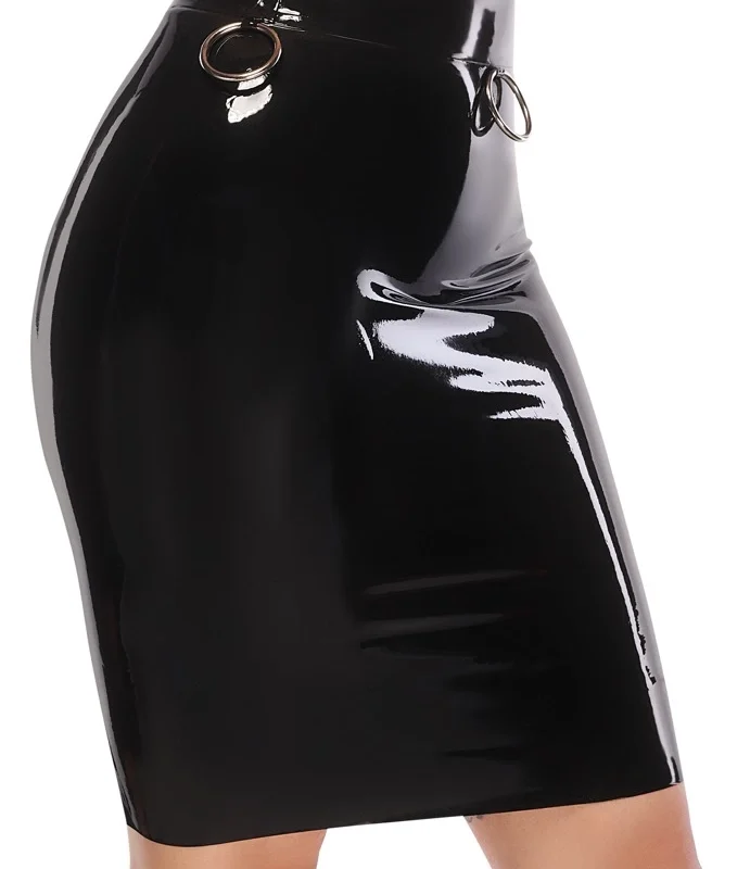 LateX Black Latex Pencil Skirt XL with Decorative Metal Rings