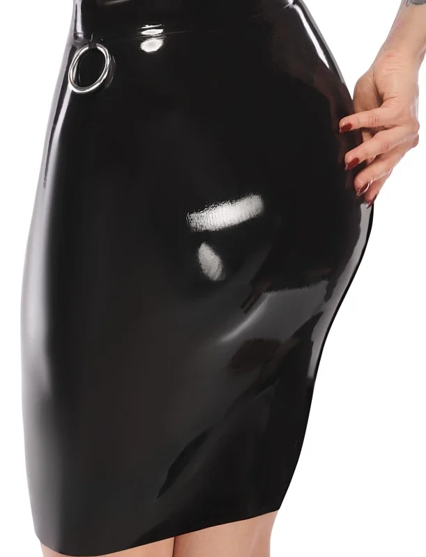 LateX Black Latex Pencil Skirt XL with Decorative Metal Rings