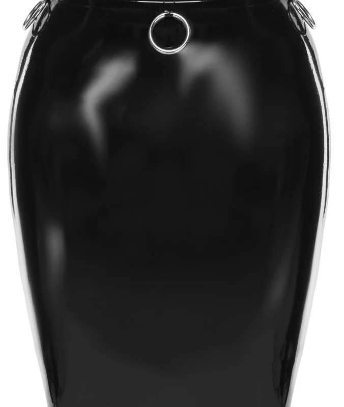 LateX Black Latex Pencil Skirt XL with Decorative Metal Rings