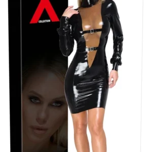 LateX Elegant Black Knee-Length Latex Dress XL with Smoky Insert