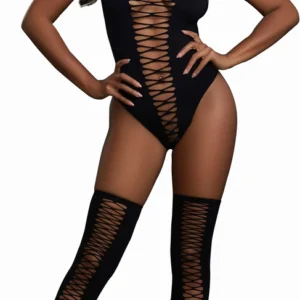 Dreamgirl Diamond Mesh Bodysuit and Stockings Set, One Size, Black
