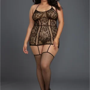 Leg Avenue Plus Size Lace Garterdress with Attached Stockings Black