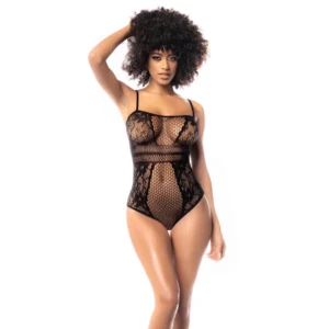 Leg Avenue Bodysuit Black One Size - Fishnet & Floral Pattern
