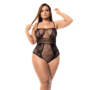 Leg Avenue Queen Size Black Fishnet Bodysuit with Floral Design