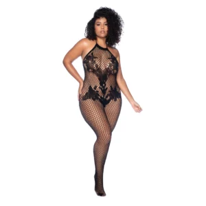 Dreamgirl Halter Bodystocking Queen Size Black - Floral Mesh Open Style