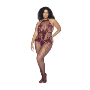 Mapele Halter Bodystocking Floral Pattern Queen Size Cherry