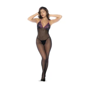 Mapele Fishnet & Lace Bodystocking Set Black/Purple One Size