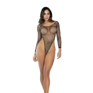 Mapele Long Sleeve Fishnet Bodysuit Black with Rhinestones One Size