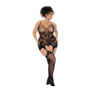 Mapele Snake Rose Fishnet Bodystocking Black/Red Queen Size