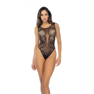 Mapele Snake Fishnet Bodysuit Black with Rhinestones One Size