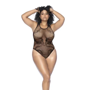 Mapele Snake Fishnet Bodysuit Queen Size Black with Rhinestones