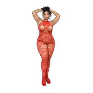 Mapale Heart Fishnet Bodystocking Rhinestone Queen Red Plus Size
