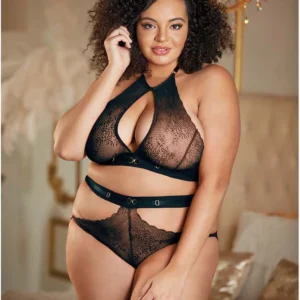 Dreamgirl Lace Halter Top & Backless High-Waisted Panty Set Black S/M