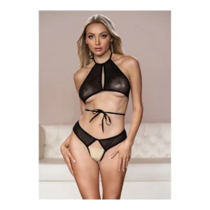 Marley Peekaboo Set Black S/M - Halter Top & Lace-Up Open Panty