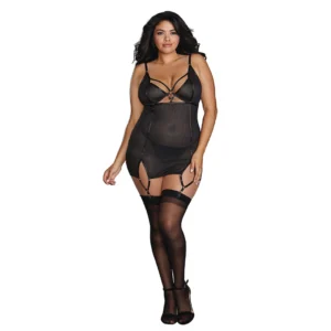 Fantasy Lingerie Power Mesh Garter Slip 2X with Fishnet Texture & G-String