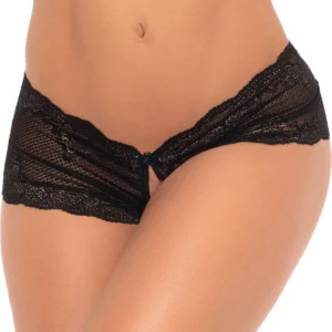 Leg Avenue Lace Crotchless Boyshort L/XL Black - Elegant Open Design