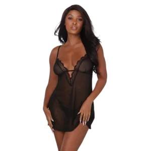Dreamgirl Stretch Mesh Chemise & Robe Set S - Adjustable Straps, Lace Trim