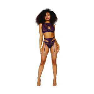 Dreamgirl Aubergine Lace & Mesh 3-Piece Lingerie Set, Size L