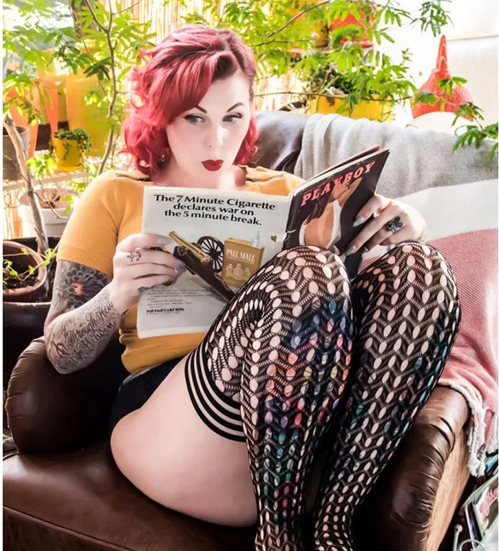 Kix'ies Mimi Thigh High B Black - Unique Circle Fishnet Stockings