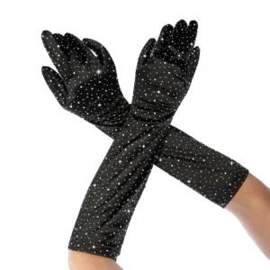 Mapale Satin Opera Gloves Black with Rhinestone Accents One Size